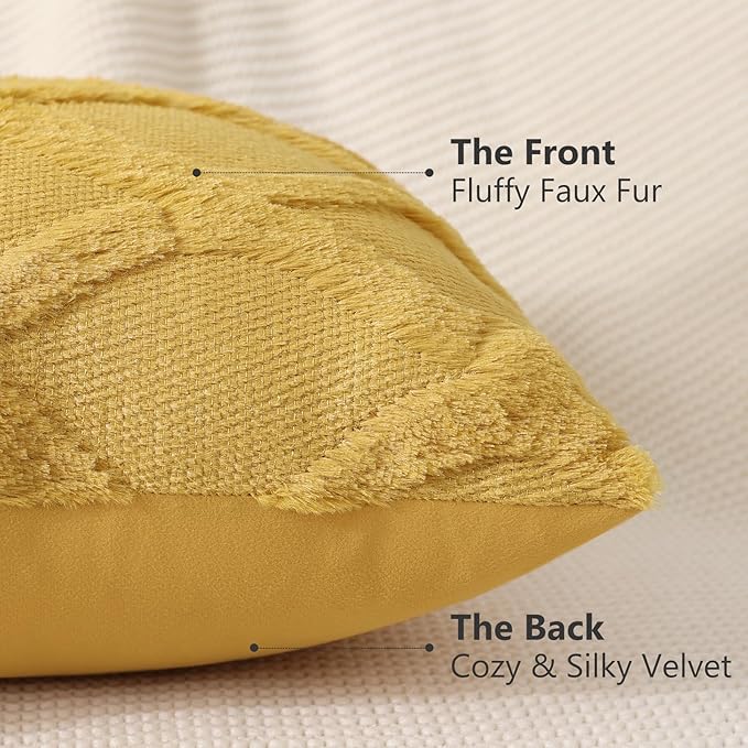 decorUhome Throw Pillow Covers 16x16 Inch Set of 2, Soft Plush Faux Fur Wool Mustard Yellow Couch Pillow Covers, Decorative Neutral Pillow Cases for Bed Sofa Living Room Home Decor