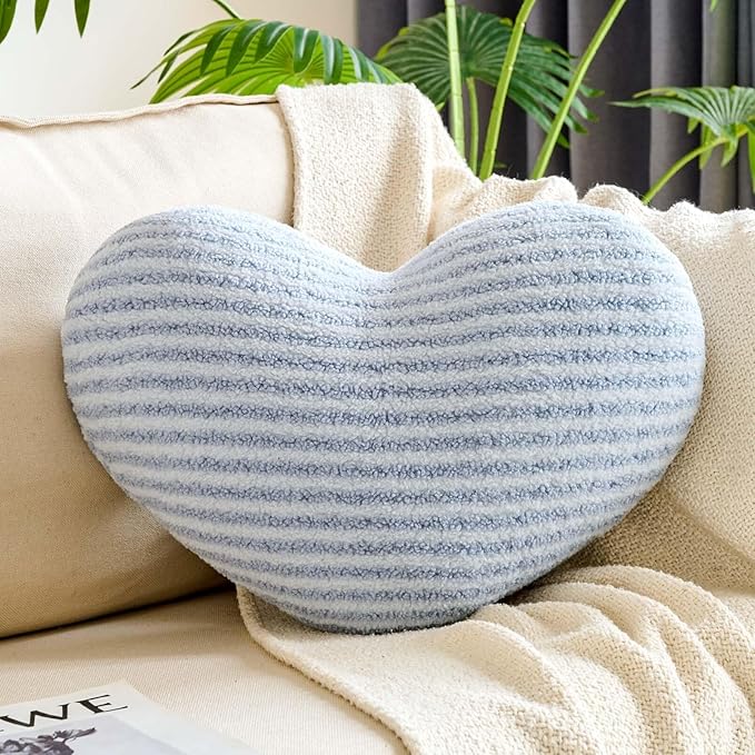Dusty Blue Heart Pillows, 15.7" Cute Heart Decorative Pillow, Stripe Heart Shaped Plush Throw Pillows for Bed