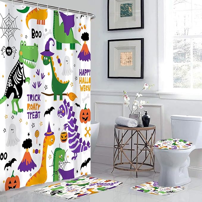 Kids Halloween Dinosaur Bathroom Decor Set with Cute Shower Curtain and Rugs, 4-Piece Cartoon Bath Set with Toilet Lid Cover, Waterproof Curtain with Hooks and Non-Slip Mats