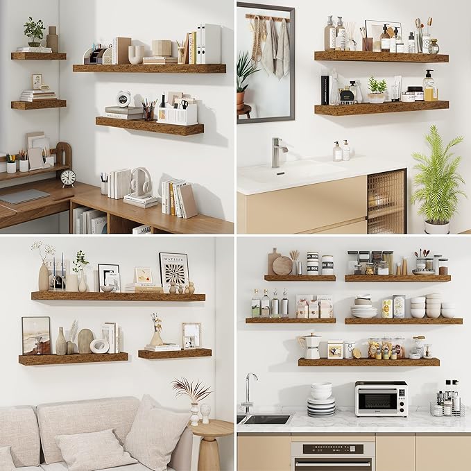 fuqing Floating Shelves for Wall, Wall Mounted Wood Floating Shelf with Invisible Brackets for Living Room, Bathroom, Bedroom, Kitchen Storage and Decor, 32 Inch Set of 2, Rustic Brown