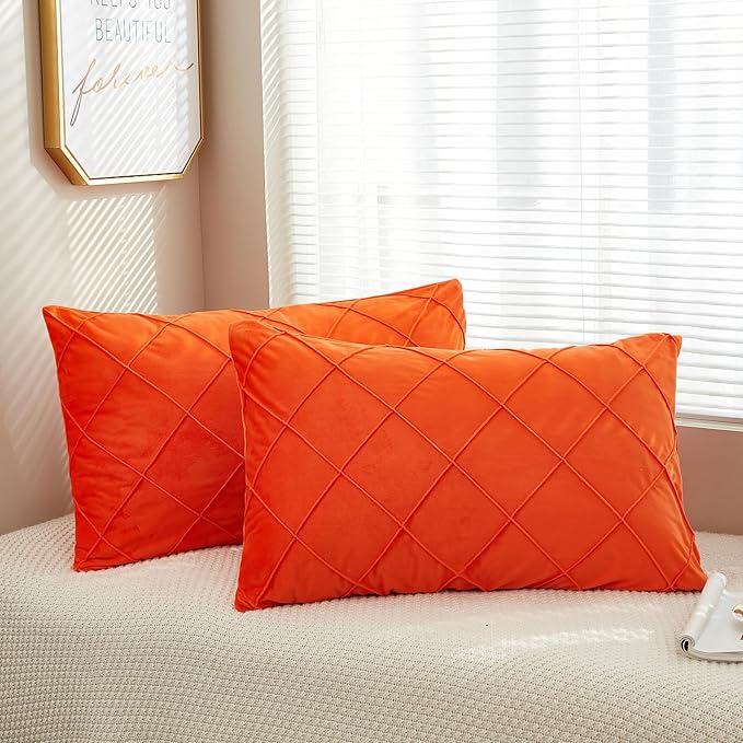 JAUXIO Diamond Pinch Pleated Crystal Velvet Pillowcases 2 Pack Solid Pintuck Throw Cushion Cover for Home Decor Hidden Zipper Closure (Bright Orange, King)