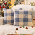 AQOTHES Blue White Plaid Winter Throw Pillow Covers 18x18 Inch Set of 2, Boucle Faux Fur Pillow Covers,Cozy Fluffy Home Living Room Farmhouse Decor for Sofa Couch Bed