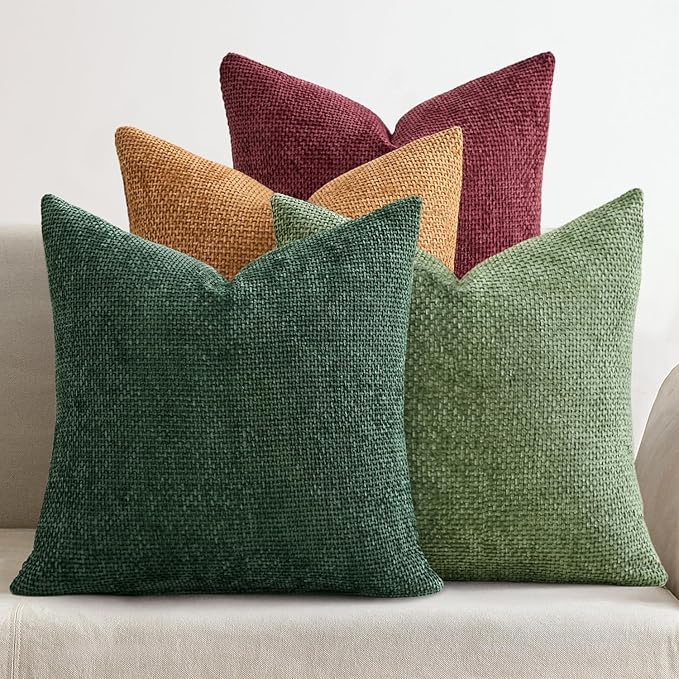 MIULEE Christmas Pack of 4 Couch Throw Pillow Covers 18x18 Inch Christmas Dark Green Soft Decorative Chenille Pillow Covers Farmhouse Accent Cushion Cover for Boho Home Decor Sofa Bedroom Living Room
