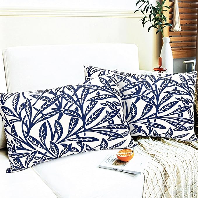 Decorative Throw Pillow Covers Set of 2 Blue Pillow Covers 12x20 inch Soft Short Plush Floral Throw Pillow Cases Square Farmhouse Outdoor Pillow Covers for Couch Sofa Bedroom Living Room