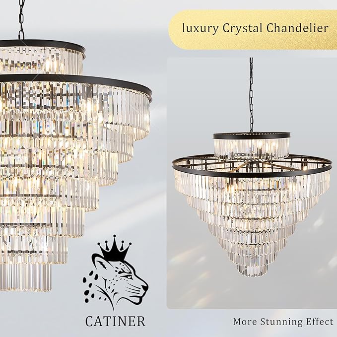 43.3" Large Crystal Chandeliers 28 Lights Black Modern Chandelier for Foyer Staircase High Ceiling 8 Tiers Round K9 Ceiling Pendant Lighting Fixture Luxury for Lobby Living Room