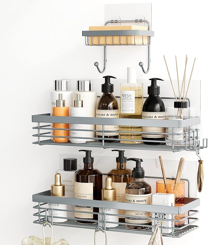 Orimade Adhesive Shower Caddy Soap Dish Holder Shelf with 5 Hooks Bathroom Organizer Basket Kitchen Storage Rack Wall Mounted No Drilling Stainless Steel - 3 Pack, Light Blue Grey