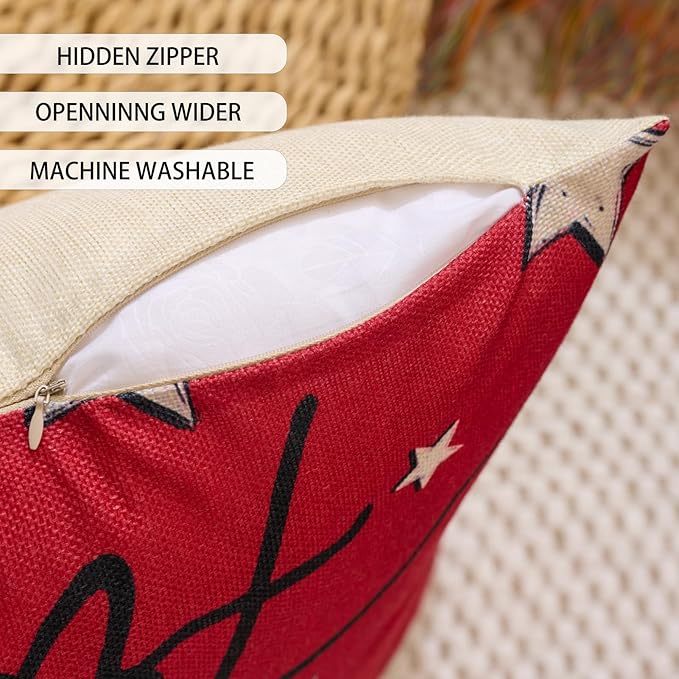 Patriotic Decor-Throw Pillow Covers 18x18 in Set of 4,4th of July Linen Pillow Case for Independence Day,Memorial Day,Veteran's Day,USA,American Summer Outdoor Red White Blue Decorations