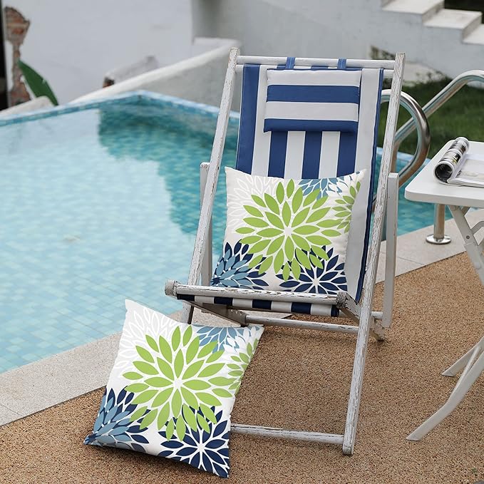 DFXSZ Green Blue Flower Pillow Covers 18x18 Inch Set of 2 White Gray Colored Throw Pillows Outdoor Waterproof Decor for Living Room Sofa Patio Funiture Garden Floral Polyester Pillow Covers 002K18