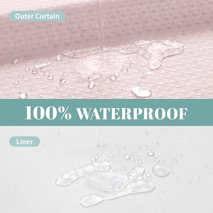 BlushPink No Hook Waffle Weave Shower Curtain with snap-in Liner Replacement, 230GSM Waterproof Fabric Hotel Shower Curtain Set for Bathroom, Through Mesh Top Window,71Wx77H