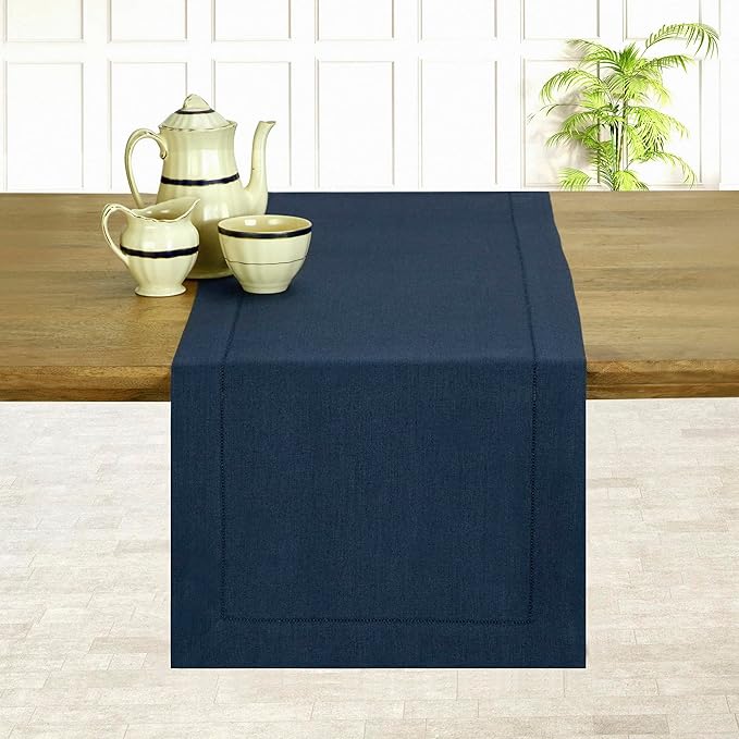 D'Moksha Homes Linen Navy Blue Table Runner 90 Inches Long - Classic Hemstitch 100% Pure Linen Dining Table Runner 14 x 90 Inch for Fall, Autumn and Halloween