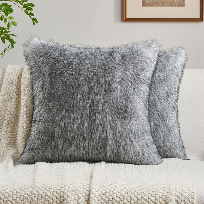 FUTEI Grey Decorative Throw Pillow Covers 18x18 Inch Set of 2,Soft Faux Raccoon Fur Textured Cushion Case,Modern Home Luxurious Decor for Couch Bed Living Room