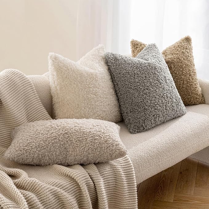 MIULEE Pack of 2 Throw Pillow Covers 18x18 Inch Neutral Gray Faux Fur Decorative Sherpa Pillow Covers Fuzzy Accent Soft Sheepskin Fleece Cushion Cases for Boho Home Decor Couch Living Room Bed