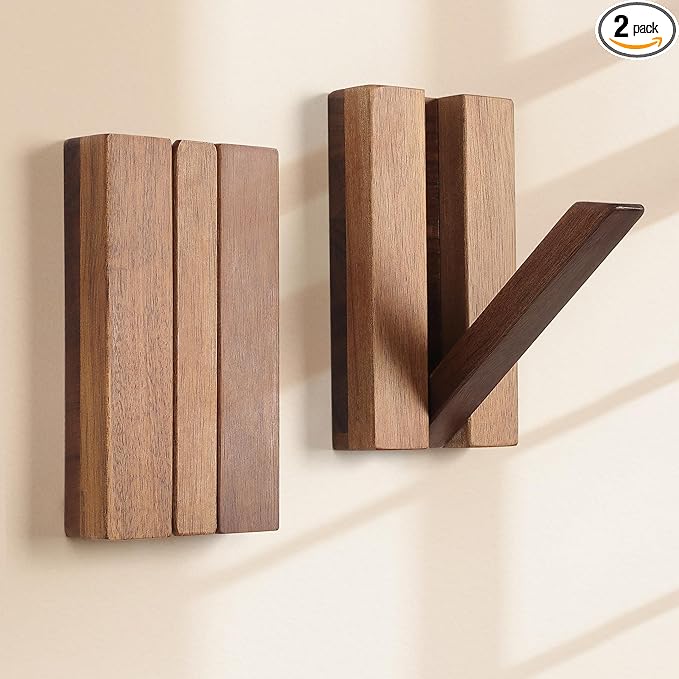 Foldable Wall Hooks 2Pack: Rustic Wooden Coat Hooks Mounted for Heavy Duty Hanging Hats Bags Beach Towels, Space Saving Minimalist Design for Aesthetic Homeowner