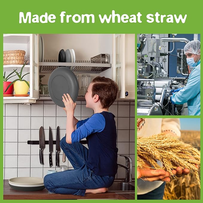 Teivio 16-Piece Kitchen Plastic Wheat Straw Dinnerware Set, Service for 4, Dinner Plates, Dessert Plate, Cereal Bowls, Cups, Unbreakable Plastic Outdoor Camping Dishes, Stone