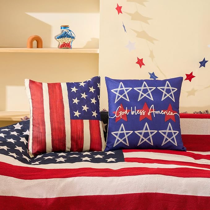 Patriotic Decor-Throw Pillow Covers 18x18 in Set of 4,4th of July Linen Pillow Case for Independence Day,Memorial Day,Veteran's Day,USA,American Summer Outdoor Red White Blue Decorations