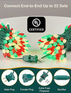 BOHON Red White and Green Christmas Lights, Faceted C6 34ft 100 LED String Lights Plug in, Extendable Green Wire Mini String Lights for Outdoor Indoor Xmas Tree Decoration Waterproof UL Certified