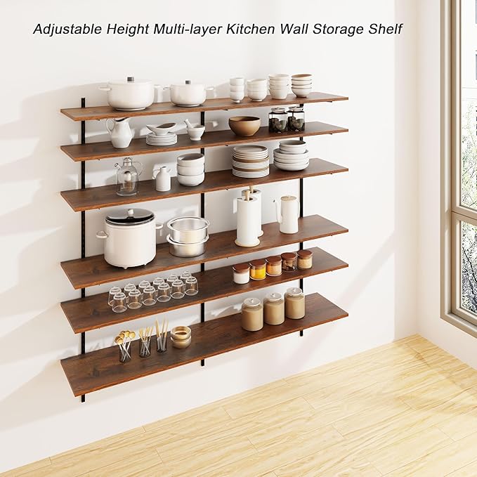ROGMARS 60 Inch Long Wooden Floating Shelves with Rail, Adjustable Large Kitchen Wall Shelf for Living Room Bedroom Gym Storage,Garage Wall Shelving 6 Tier
