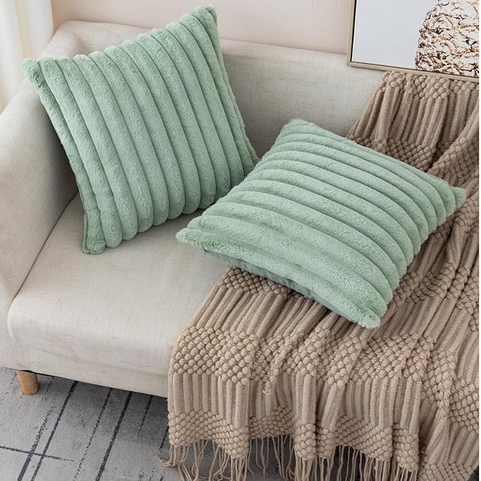 ZLINA Set of 2 Light Green Faux Fur Decorative Throw Pillow Covers Fluffy Striped Pillowcase Cushion Covers 20 x 20 Inch Decor Sofa Couch Bedroom