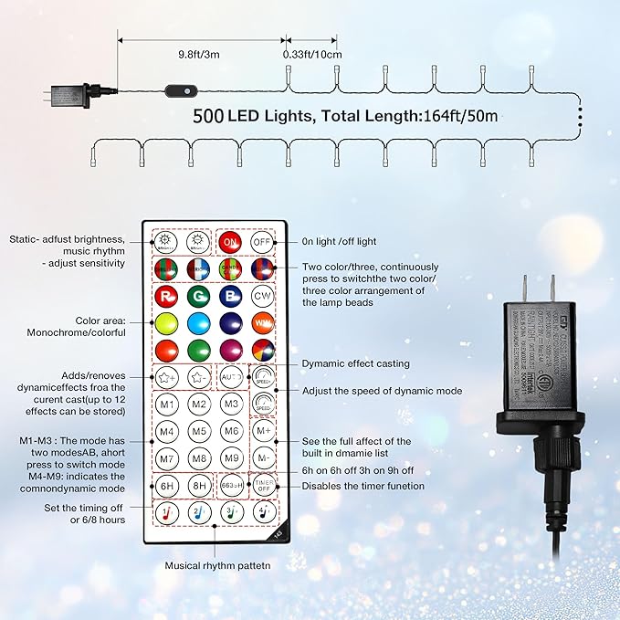RGB Christmas Lights Outdoor, 164 FT 500 LED Color Changing String Lights with Remote & Timer, Music Sync Multiple Modes Waterproof Christmas Tree Light for Home Party Holiday Xmas Decoration