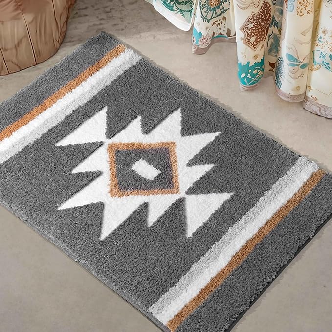 Bathroom Rugs Grey Boho Bath Mat, Non Slip Absorbent Aztec Bath Rug Soft Washable Floor Mat for Bathroom Shower Tub Modern Decor, 18x24