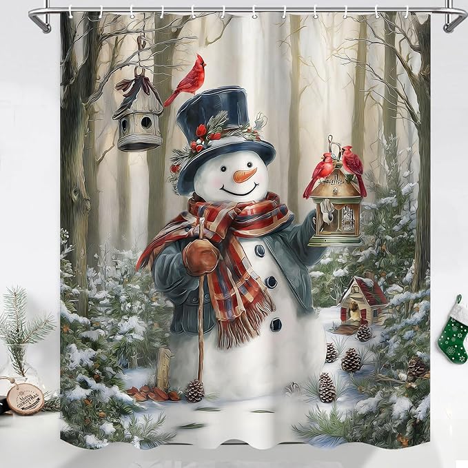 Vintage Christmas Snowman Shower Curtain, Retro Rustic Farmhouse Winter Forest Shower Curtains for Bathroom, Cute Xmas Snowman Holiday Bath Accessories with 12PCS Hooks, 72X72IN