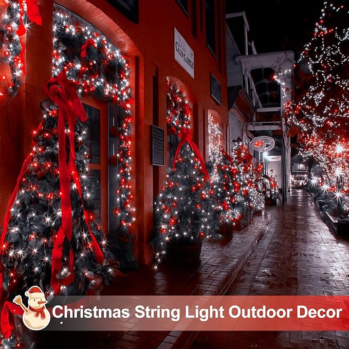 4 Pack 180FT Solar Christmas Lights Outdoor Waterproof, Super Bright 320 LED Solar String Lights with 8 Lighting Modes, Green Wire Twinkle Tree Light for Outside Xmas Party Decorations (Red and White)