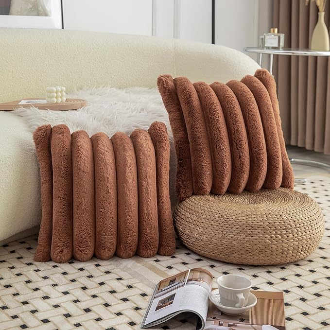Neelvin Brown Faux Fur Cozy Soft Stripe Decorative Throw Pillow Covers 16x16 inch Set of 2,Velvet Pillowcase Cushion Case for Sofa Couch