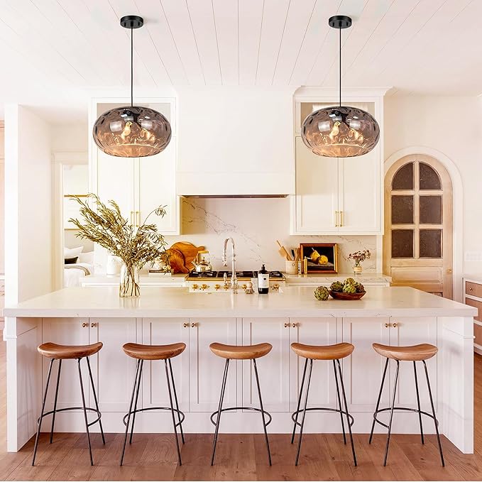 Large Glass Pendant Lighting, 14" Hammered Lampshade Hanging Lamp, 3-Light Matte Black Chandelier for Dining Living Room Kitchen Island (Smoked Grey Glass Shade, 14 Inches)