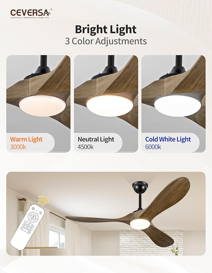 60 Inch Outdoor Ceiling Fans with Lights and Remote, 3 Blades Wood Propeller Rustic Grey Ceiling Fans, Quiet Noiseless DC Motor, for Farmhouse,Living Room,Bedroom,Indoor
