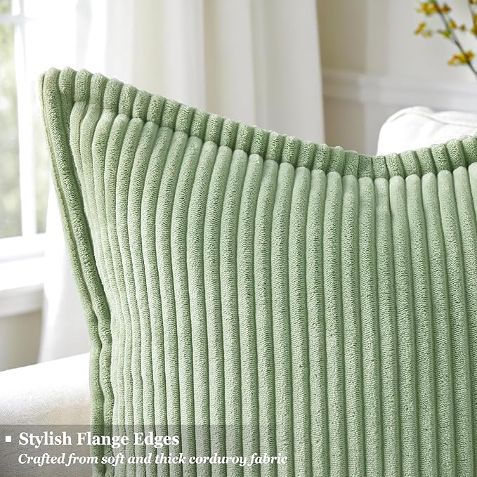 decorUhome Corduroy Sage Green Throw Pillow Covers 18x18 Set of 2 Decorative Soft Boho Farmhouse Euro Couch Pillow Covers for Living Room Bed Sofa Broadside Striped Pillow Cases