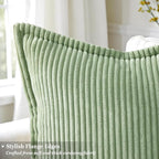decorUhome Corduroy Sage Green Throw Pillow Covers 16x16 Set of 2 Decorative Soft Boho Farmhouse Euro Couch Pillow Covers for Living Room Bed Sofa Broadside Striped Pillow Cases