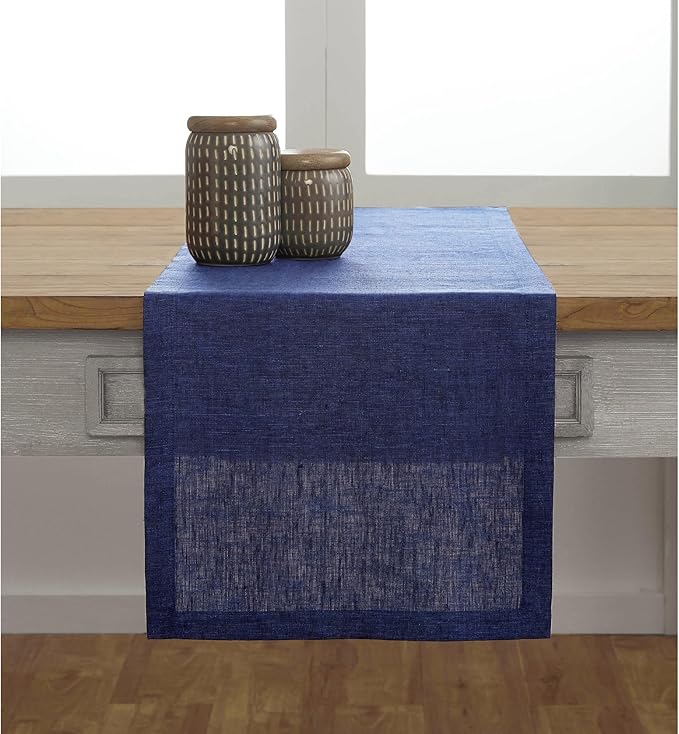 Solino Home Linen Chambray Navy Table Runner 132 Inches Long - Athena, 100% Pure Linen Dining Table Runner 14 x 132 Inch for Fall, Autumn, Thanksgiving, Christmas