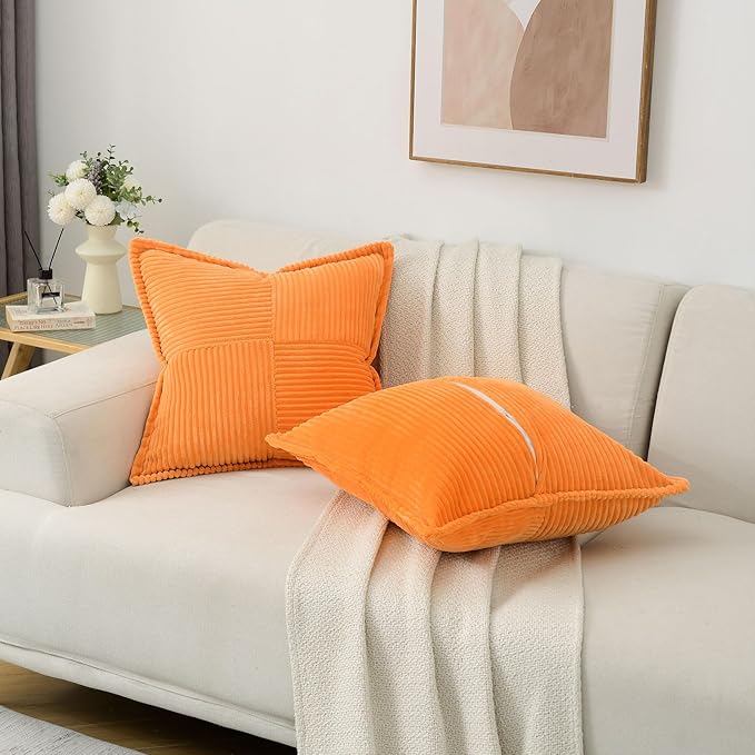 HAUSSY Orange Large Decorative Throw Pillow Covers 26x26 Inch Set of 2,Soft Solid Corduroy Striped Cushion Case,Square Euro Pillow Shams,Winter Home Decorations for Couch,Bed