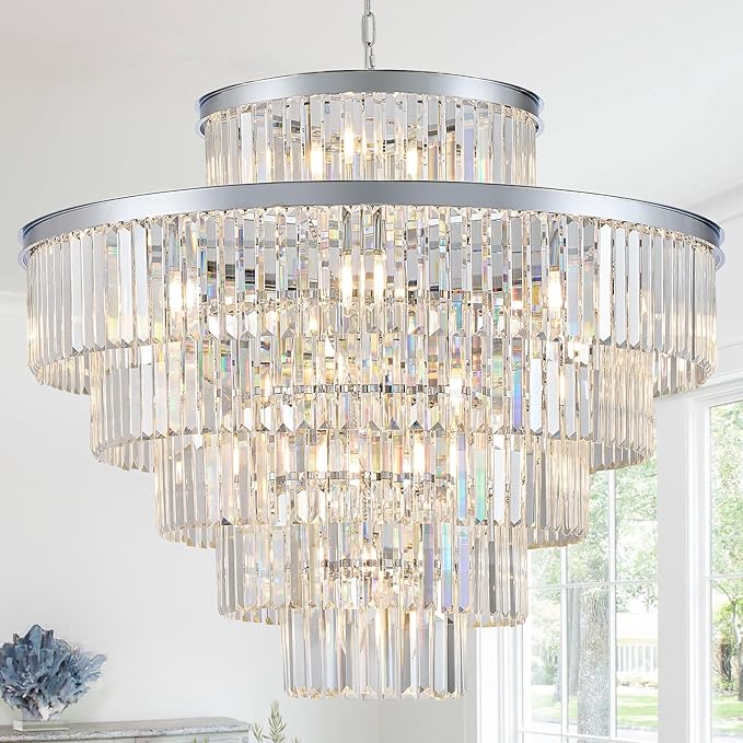 23 Lights Large Crystal Chandeliers 36" Modern Chrome Luxury Chandelier for Foyer Staircase Chandeliers 6 Tiers Round K9 Ceiling Pendant Lighting Fixture for Living Dining Room