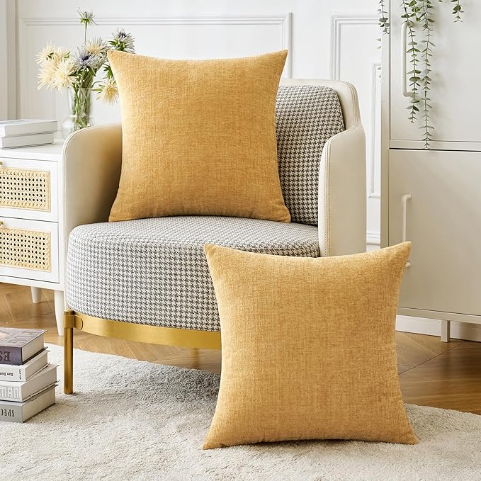 MIULEE Pack of 2 Couch Throw Pillow Covers 18x18 Inch Soft Gold Chenille Pillow Covers for Sofa Living Room Solid Dyed Pillow Cases