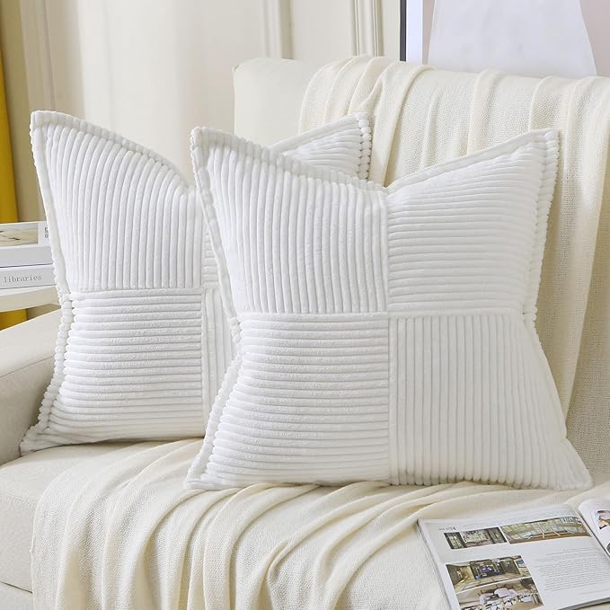 HAUSSY Pure White Throw Pillow Covers 16x16 Inch Set of 2,Soft Solid Corduroy Striped/Wide Bordered,Square Decorative Cushion Case,Winter Home Decorations for Couch,Bed