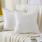 HAUSSY Pure White Throw Pillow Covers 12x12 Inch Set of 2,Soft Solid Corduroy Striped/Wide Bordered,Square Decorative Cushion Case,Winter Home Decorations for Couch,Bed