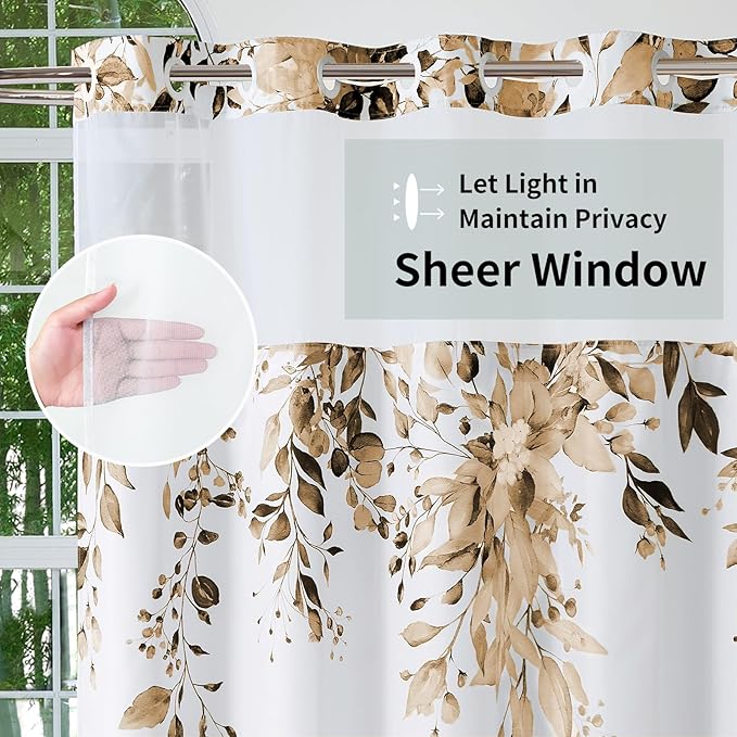QiyI No Hook Shower Curtain with Snap in Fabric Liner, Brown Eucalyptus Shower Curtain with See Through Top Window, Waterproof Washable Cloth Ringless Shower Curtain Set for Bathroom, 72 x 75