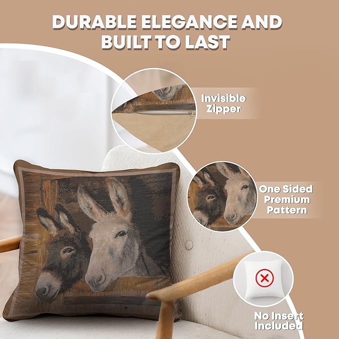 Charlotte Home Furnishings Decorative Pillow Covers for Couch 19x19 in, Tapestry Throw Pillow Cover for Living Room Bed Decor, Donkeys French Country Sofa Cushion Cases, Soft Cotton Jacquard Woven