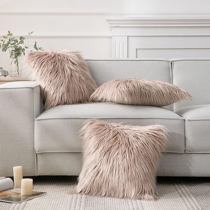 Phantoscope Faux Fur Solid Decorative Pillow Cover Fluffy Throw Pillow Mongolian Luxury Fuzzy Pillow Case Cushion Cover for Bedroom and Couch, Beige 20 x 20 Inches, Pack of 1