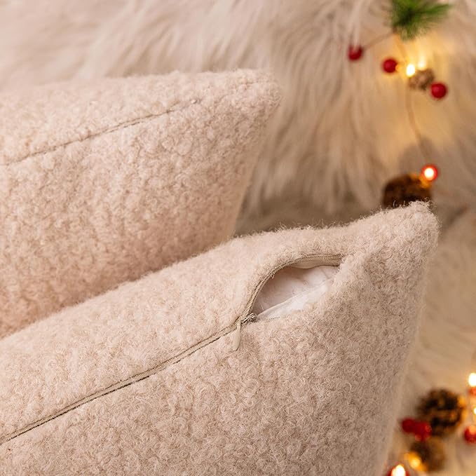 AQOTHES Beige Winter Throw Pillow Covers 18x18 Inch Set of 2, Boucle Faux Fur Pillow Covers,Cozy Fluffy Home Living Room Farmhouse Decor for Sofa Couch Bed