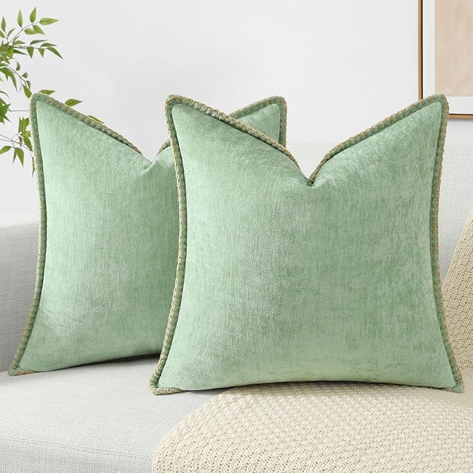 decorUhome Christmas Chenille Soft Throw Pillow Covers 16x16 Set of 2, Farmhouse Velvet Neutral Decorative Euro Pillow Covers with Stitched Edge for Couch Sofa Bed Home Decor, Sage Green