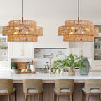 3-Tier Large Rattan Chandeliers, 22.8in Boho Coastal Pendant Lights, Wicker Hanging Ceiling Lights Hemp Rope Lighting Fixture, for Dining Room, Kitchen Island, Living Room
