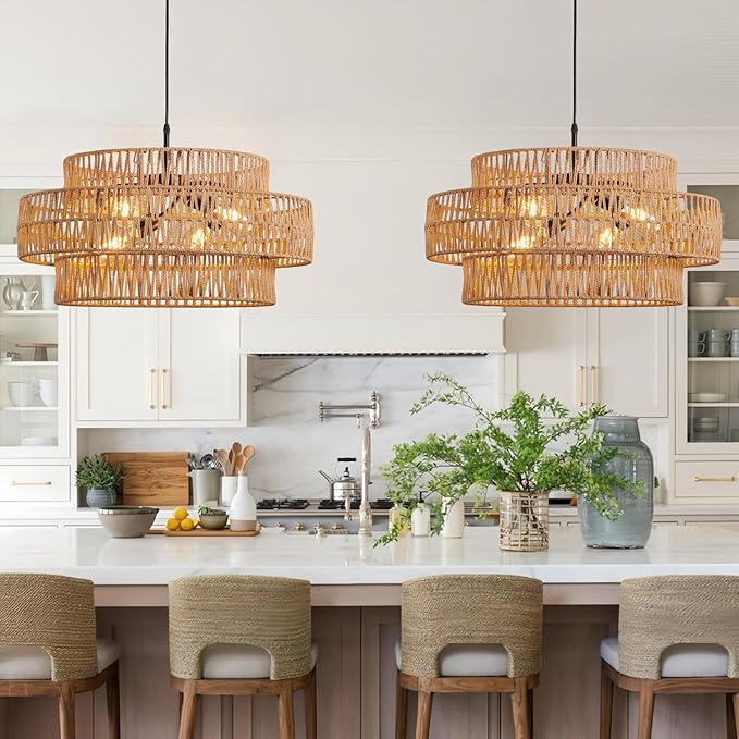 3-Tier Large Rattan Chandeliers, 22.8in Boho Coastal Pendant Lights, Wicker Hanging Ceiling Lights Hemp Rope Lighting Fixture, for Dining Room, Kitchen Island, Living Room