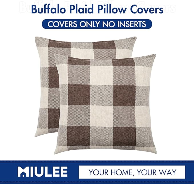 MIULEE Pack of 2 Classic Farmhouse Buffalo Check Plaids Polyester Linen Soft Soild Decorative Square Throw Pillow Covers Home Decor Outdoor Cushion Case for Sofa Bedroom 18 x 18 Inch, Brown and White