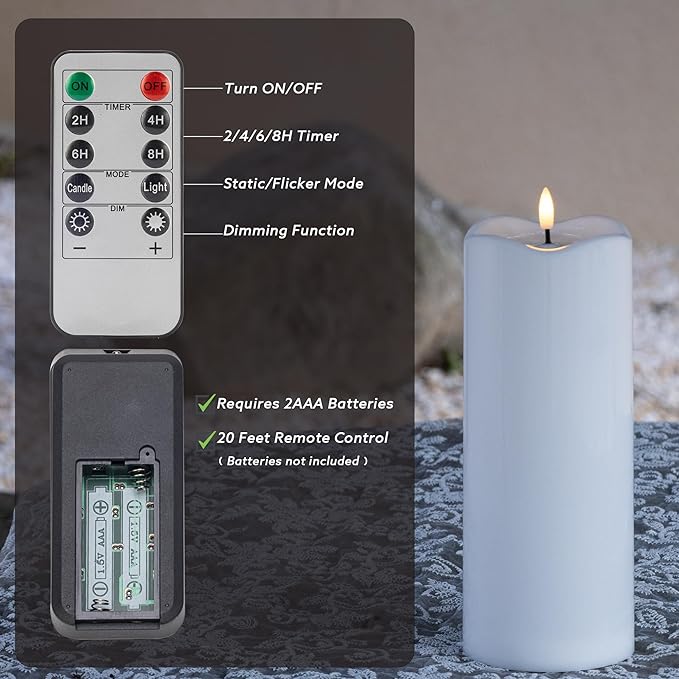 2pack 4"*10" Waterproof Outdoor Flameless Candles with Remote & Timer, Plastic Battery Operated LED Flickering Pillar Candles for Camping, Weddings, White