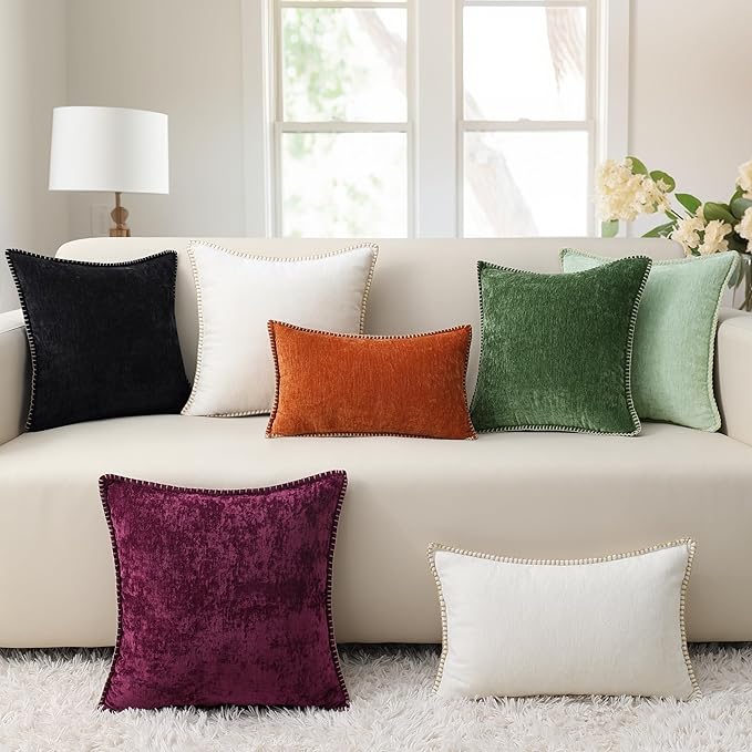 decorUhome Chenille Soft Throw Pillow Covers 18x18 Set of 2, Farmhouse Velvet Neutral Decorative Euro Pillow Covers with Stitched Edge for Couch Sofa Bed Home Decor, Black
