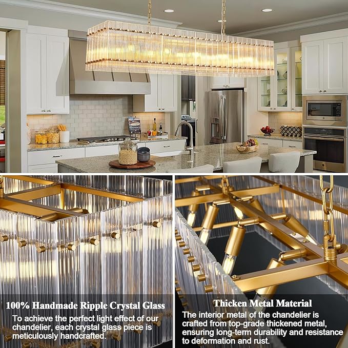 Modern Gold Chandeliers,55 in Chandelier for Dining Room, Rectangular Water Ripple Crystal Glass Chandeliers Lighting Fixture, Suit Living Room、Kitchen Island, Adjustable Hanging Chandelier