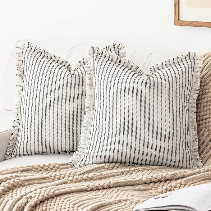 Throw Pillow Covers 18x18 Set of 2 Striped Fringe Pillow Cover Farmhouse Cushion Covers with Tassel Neutral Boho Pillows Decorative Square Pillowcase for Couch Sofa Bed, Black