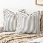 Throw Pillow Covers 18x18 Set of 2 Striped Fringe Pillow Cover Farmhouse Cushion Covers with Tassel Neutral Boho Pillows Decorative Square Pillowcase for Couch Sofa Bed, Black